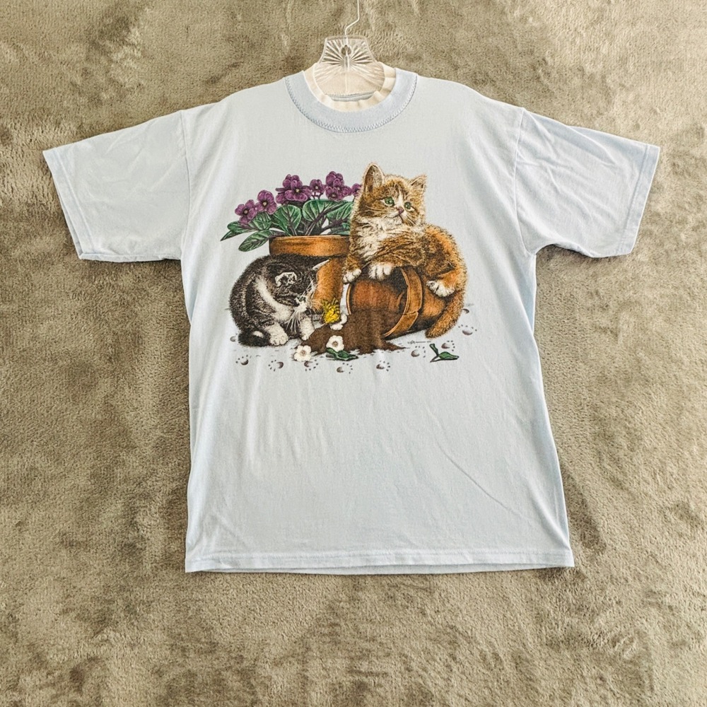Vintage Kittens Flower Pots T-Shirt Womens M Blue Cotton Grove Designs 1996